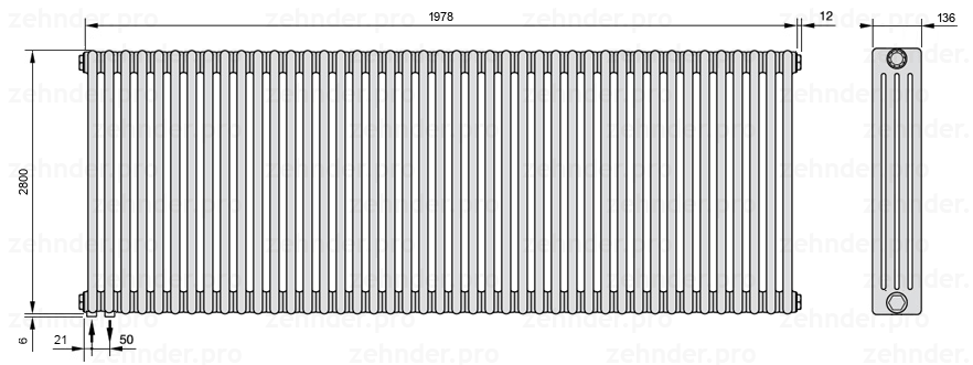 Схема (чертеж) Радиатор Zehnder Charleston 4280/43 №3370 Белый глянцевый RAL 9016